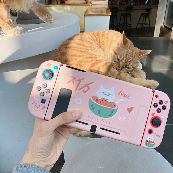 Pink Nintendo Switch Cover Case with Cat: pink, coral red cat and watermelon theme, kawaii cartoon style