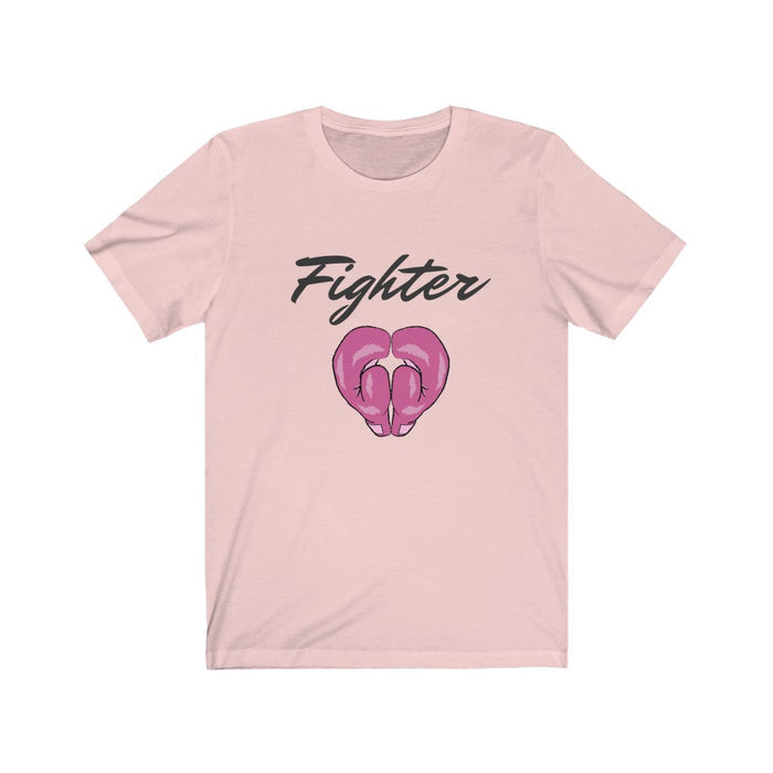 Pink Ribbon Awareness Fighter T-Shirt: white, dark gray boxing gloves, casual graphic style