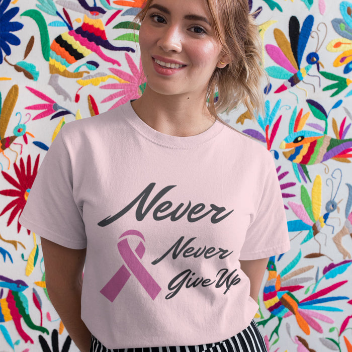 Pink Ribbon Awareness T-Shirt, A Reminder to Persevere: light pink, dark gray breast cancer awareness, casual graphic awarene