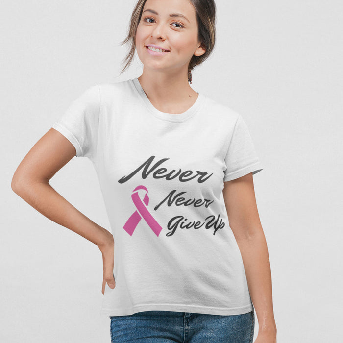 Pink Ribbon Awareness T-Shirt, A Reminder to Persevere: light pink, dark gray breast cancer awareness, casual graphic awarene