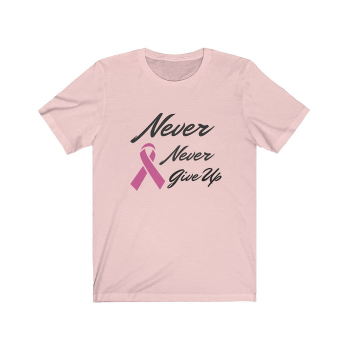 Pink Ribbon Awareness T-Shirt, A Reminder to Persevere: light pink, dark gray breast cancer awareness, casual graphic awarene