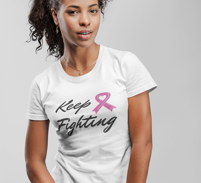 Pink Ribbon Awareness Tee for the Fight Against Cancer: white, black breast cancer awareness, casual graphic style