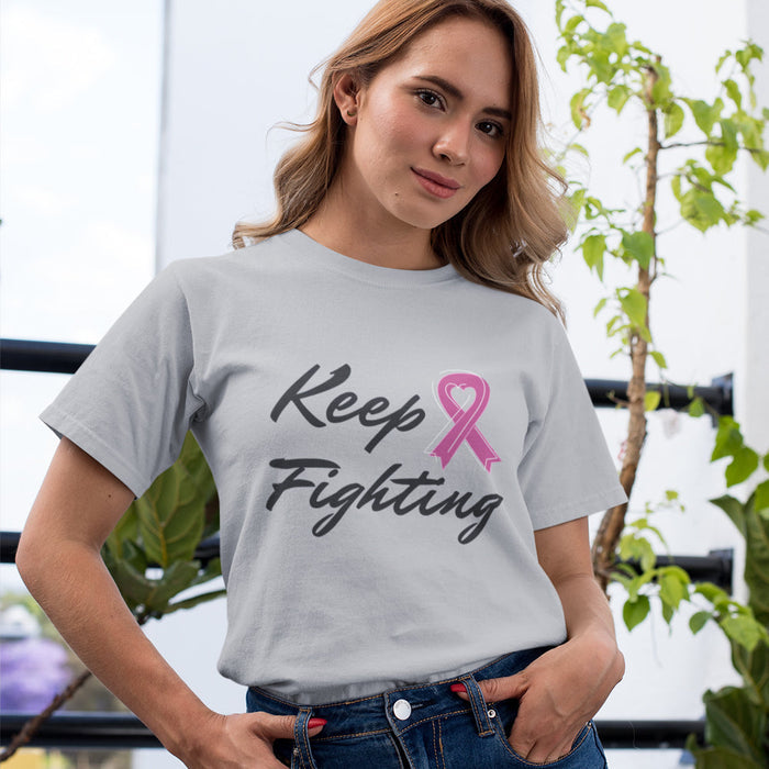 Pink Ribbon Awareness Tee for the Fight Against Cancer: white, black breast cancer awareness, casual graphic style