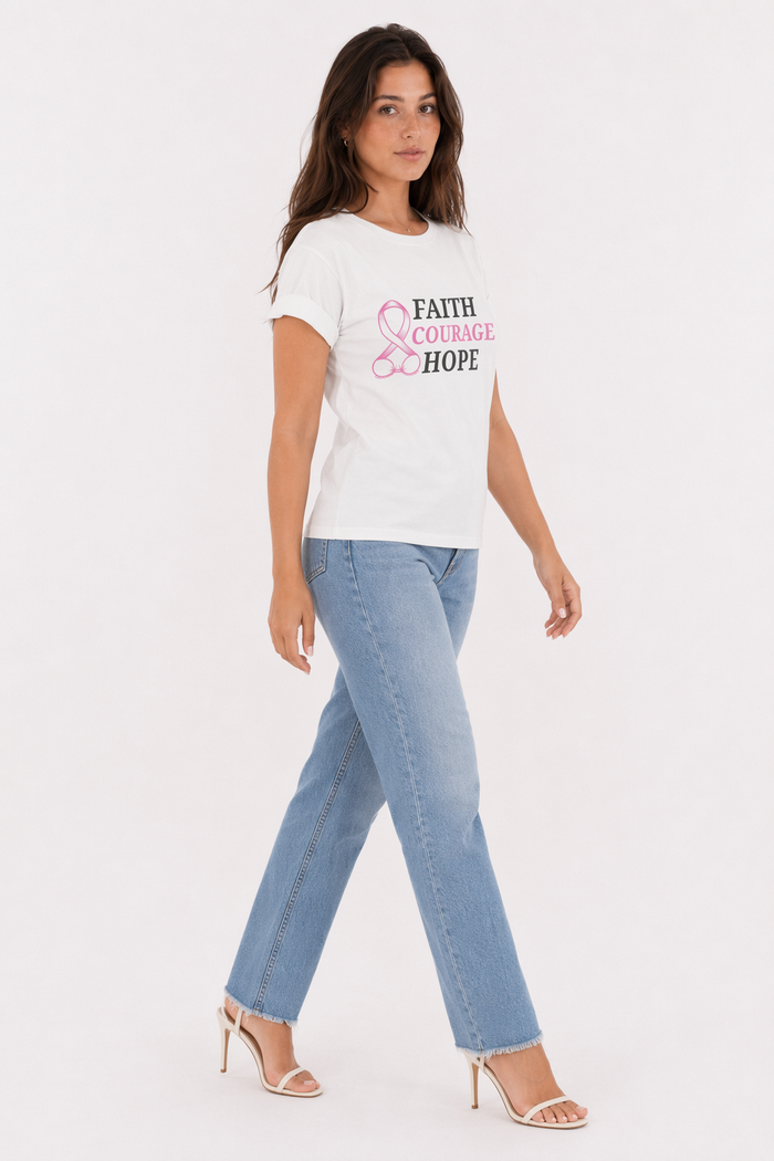 Pink Ribbon T-Shirt: Embrace Faith, Courage, and Hope for Breast Cancer Awareness White