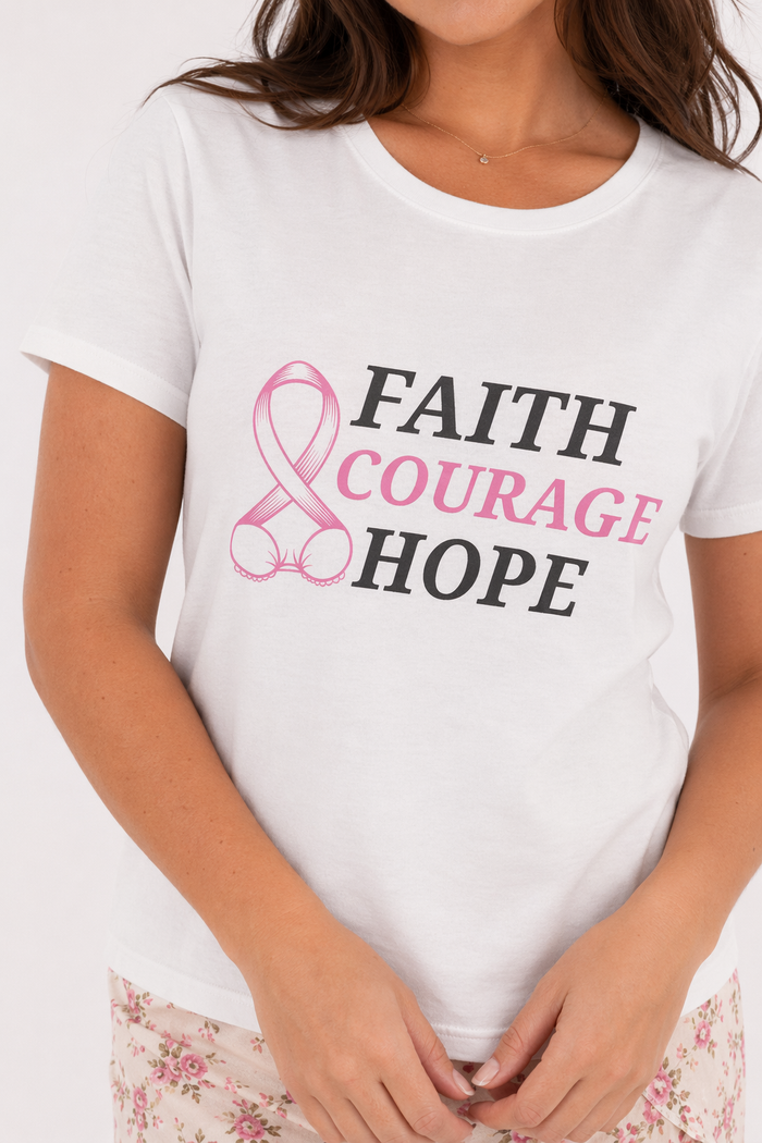 Pink Ribbon T-Shirt: Embrace Faith, Courage, and Hope for Breast Cancer Awareness White