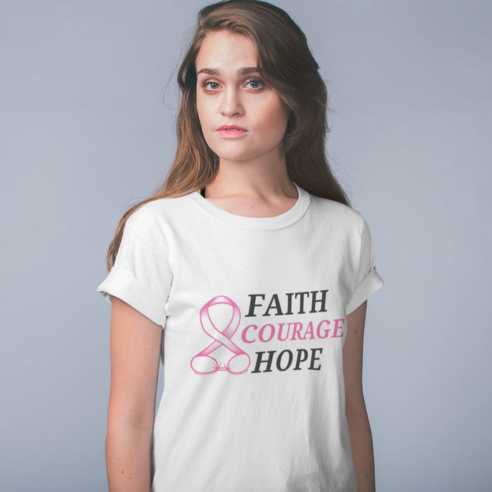 Pink Ribbon T-Shirt: Embrace Faith, Courage, and Hope for Breast Cancer Awareness: white, pink breast cancer awareness ribbon