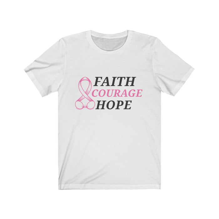 Pink Ribbon T-Shirt: Embrace Faith, Courage, and Hope for Breast Cancer Awareness: white, pink breast cancer awareness ribbon