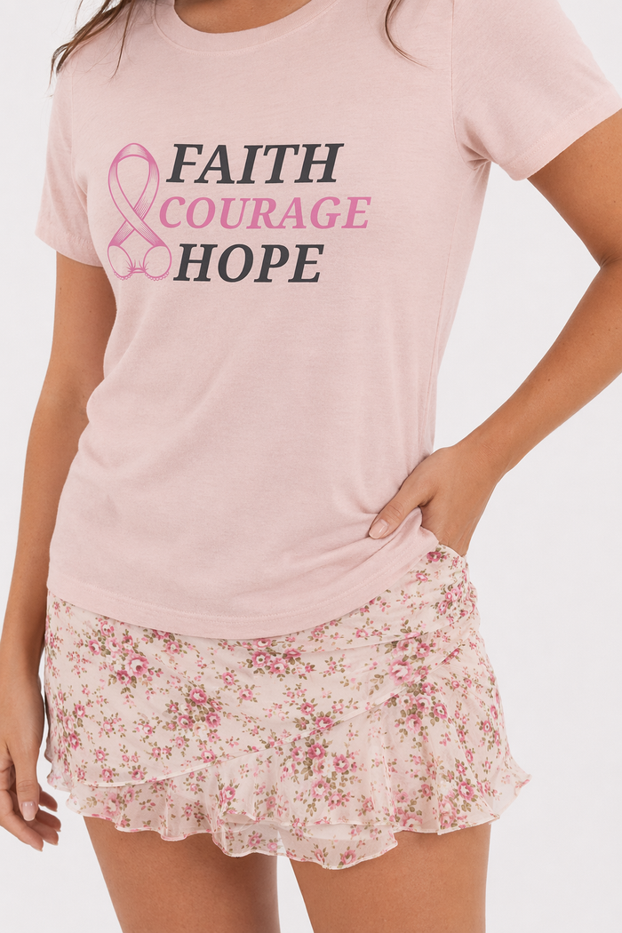 Pink Ribbon T-Shirt: Embrace Faith, Courage, and Hope for Breast Cancer Awareness Soft Pink