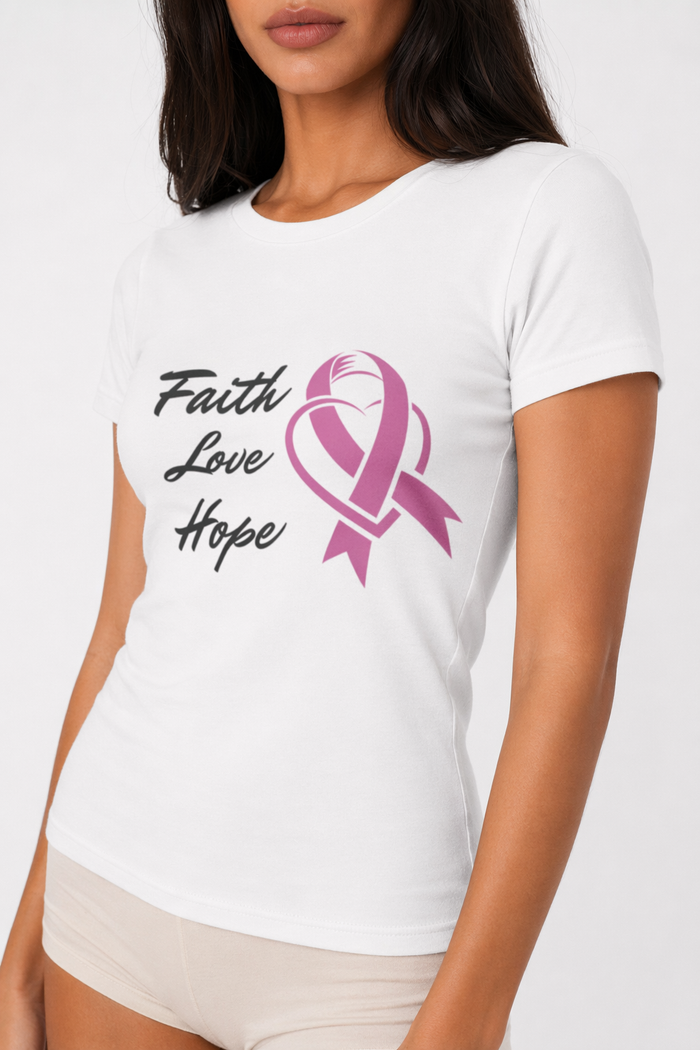 Pink Ribbon Theme T-Shirt - Embodying Faith, Love, and Hope White
