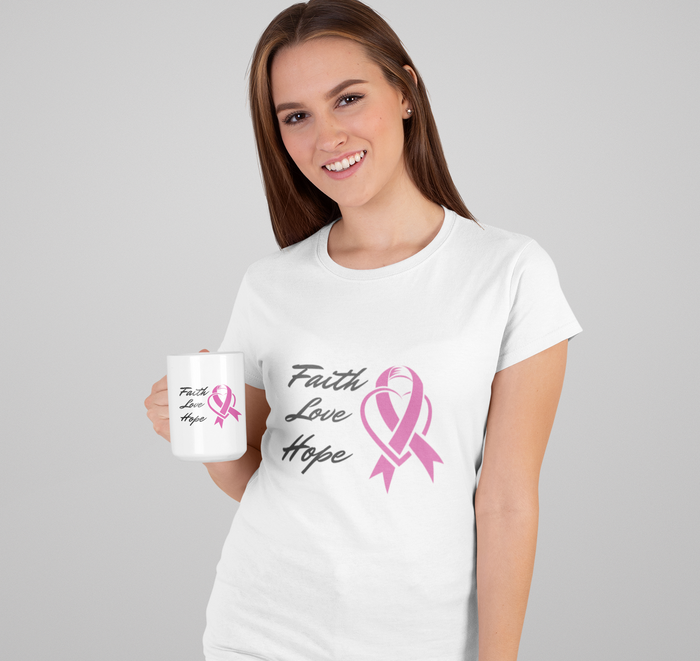 Pink Ribbon Theme T-Shirt, Embodying Faith, Love, and Hope: white, pink breast cancer awareness ribbon theme, casual graphic