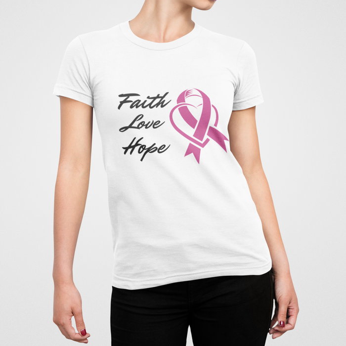Pink Ribbon Theme T-Shirt, Embodying Faith, Love, and Hope: white, pink breast cancer awareness ribbon theme, casual graphic