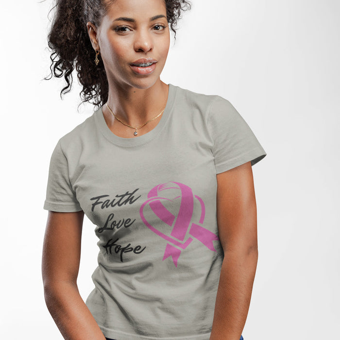 Pink Ribbon Theme T-Shirt, Embodying Faith, Love, and Hope: white, pink breast cancer awareness ribbon theme, casual graphic