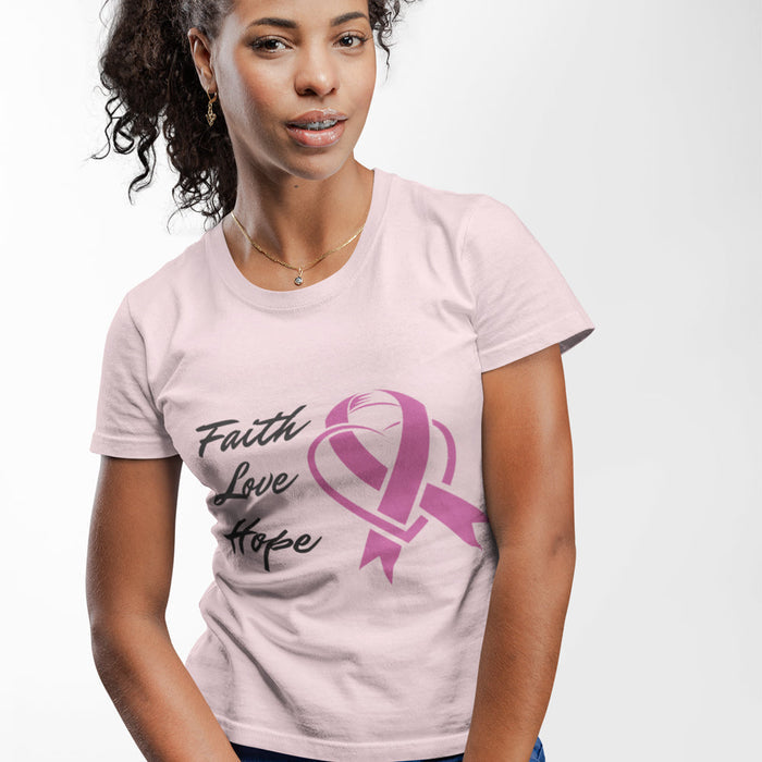 Pink Ribbon Theme T-Shirt, Embodying Faith, Love, and Hope: white, pink breast cancer awareness ribbon theme, casual graphic