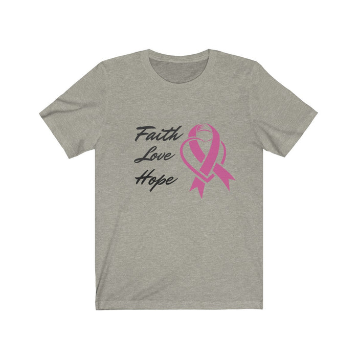 Pink Ribbon Theme T-Shirt, Embodying Faith, Love, and Hope: white, pink breast cancer awareness ribbon theme, casual graphic