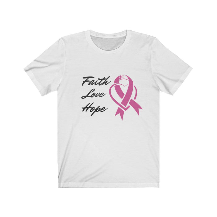 Pink Ribbon Theme T-Shirt, Embodying Faith, Love, and Hope: white, pink breast cancer awareness ribbon theme, casual graphic