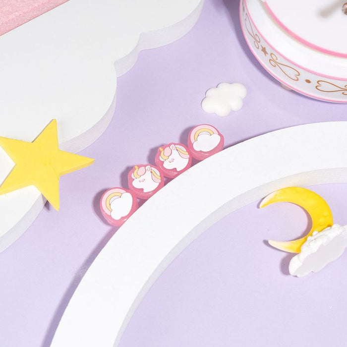 Pink Unicorn Switch OLED Thumb Grips: white, light pink pastel cloud, moon, star, and bear-like character theme, kawaii paste