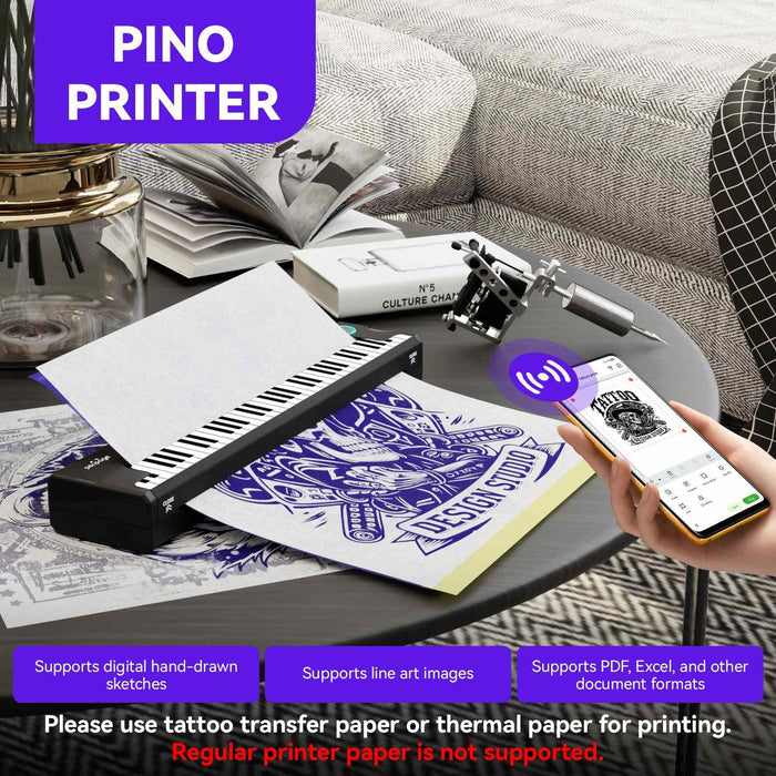 PeriPage Pino tattoo printer supports digital hand-drawn sketches, line art images, and PDF/Excel documents. Requires tattoo transfer or thermal paper.