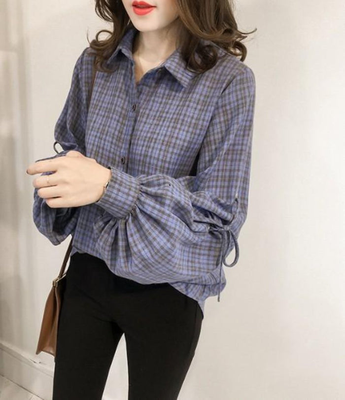 Plaid Bell Sleeve Women's Top: blue, purple long-sleeve button-up shirt, casual style