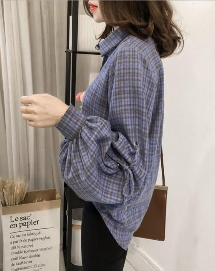 Plaid Bell Sleeve Women's Top: blue, purple long-sleeve button-up shirt, casual style