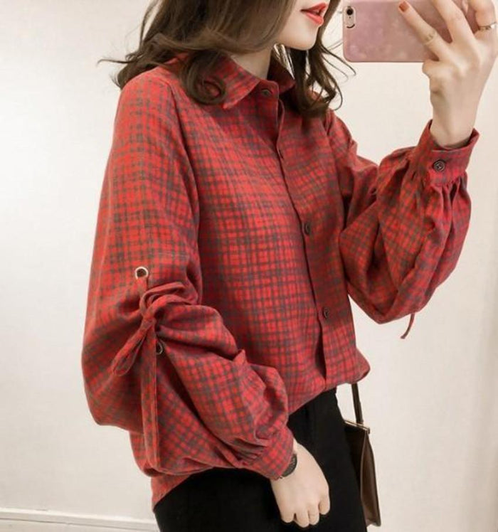 Plaid Bell Sleeve Women's Top: blue, purple long-sleeve button-up shirt, casual style