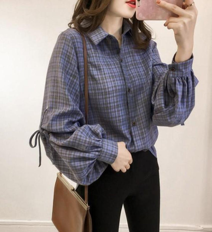 Plaid Bell Sleeve Women's Top: blue, purple long-sleeve button-up shirt, casual style