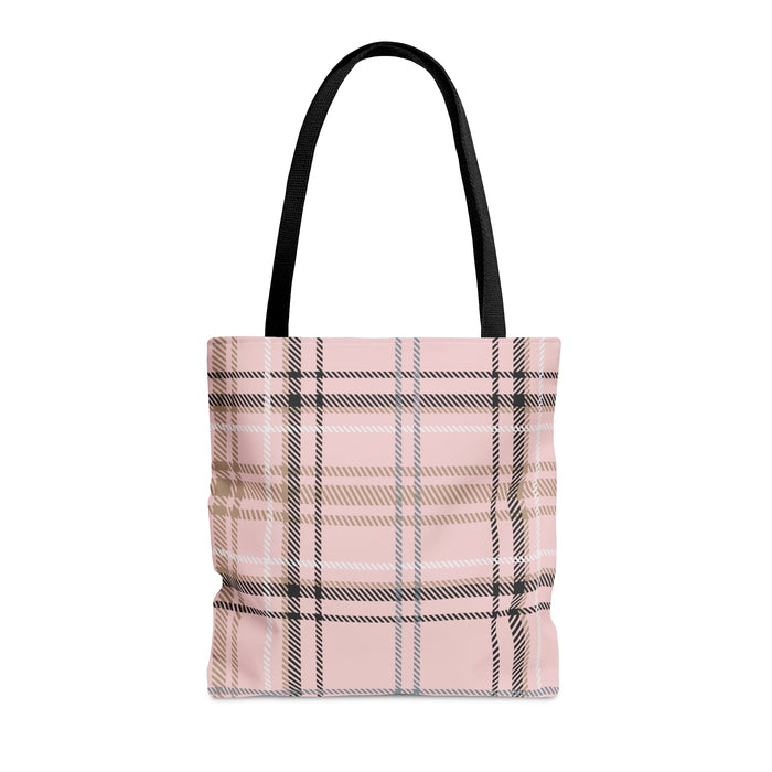 Plaid Pink Tote Bag: light pink, black tote bag, minimal plaid style