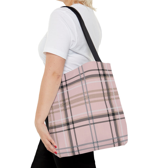 Plaid Pink Tote Bag: light pink, black tote bag, minimal plaid style
