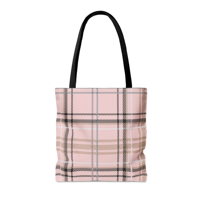 Plaid Pink Tote Bag: light pink, black tote bag, minimal plaid style