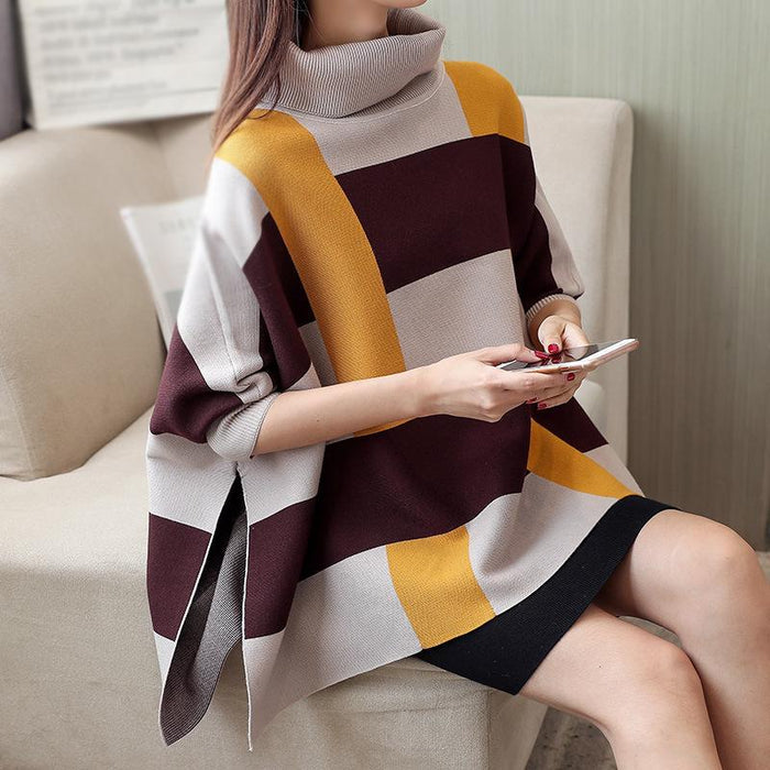 Plaid Striped Women's Sweater Cape: burgundy, mustard yellow poncho-style turtleneck knit top, modern color-block knit style