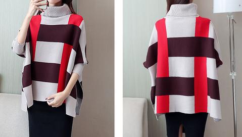Plaid Striped Women's Sweater Cape: burgundy, mustard yellow poncho-style turtleneck knit top, modern color-block knit style