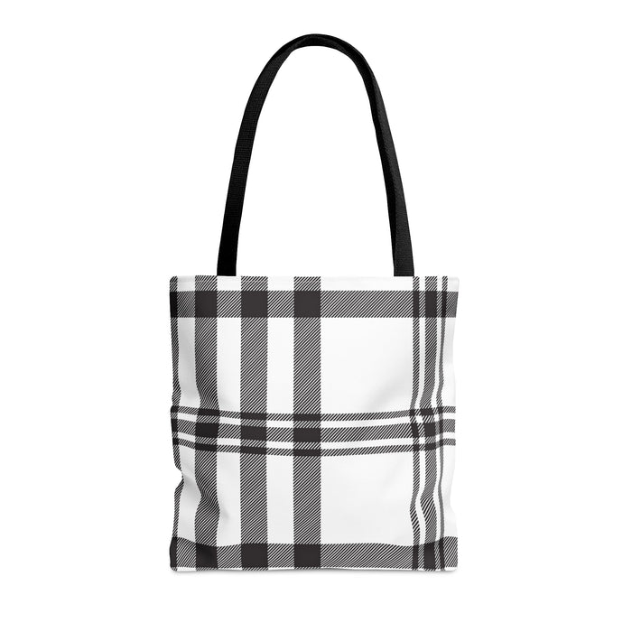 Plaid Tote Bag in Monochrome Design: white, black tote bag, minimal style