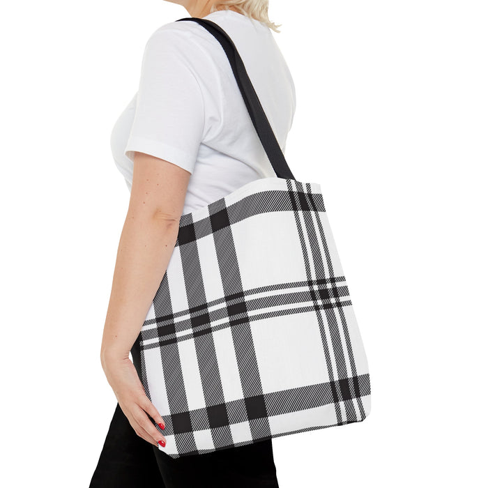 Plaid Tote Bag in Monochrome Design: white, black tote bag, minimal style