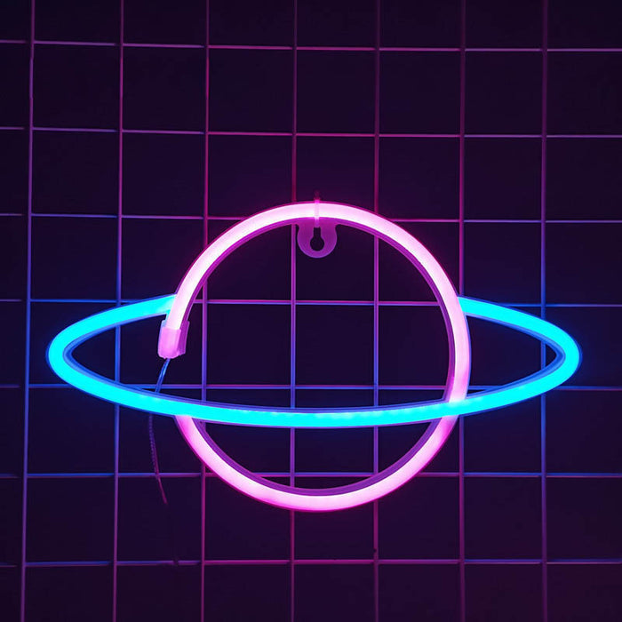 Planet Neon Sign: Celestial Wall Decor: pink, blue neon-style wall light, minimal futuristic neon style