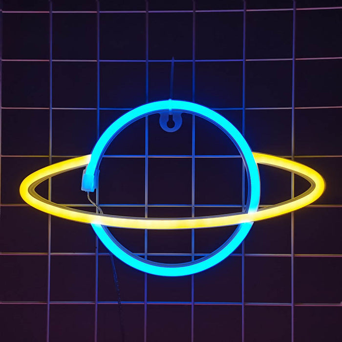 Planet Neon Sign: Celestial Wall Decor: pink, blue neon-style wall light, minimal futuristic neon style