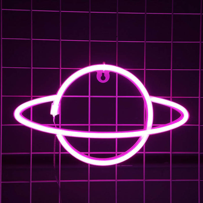 Planet Neon Sign: Celestial Wall Decor: pink, blue neon-style wall light, minimal futuristic neon style