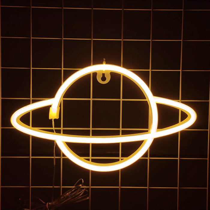 Planet Neon Sign: Celestial Wall Decor: pink, blue neon-style wall light, minimal futuristic neon style