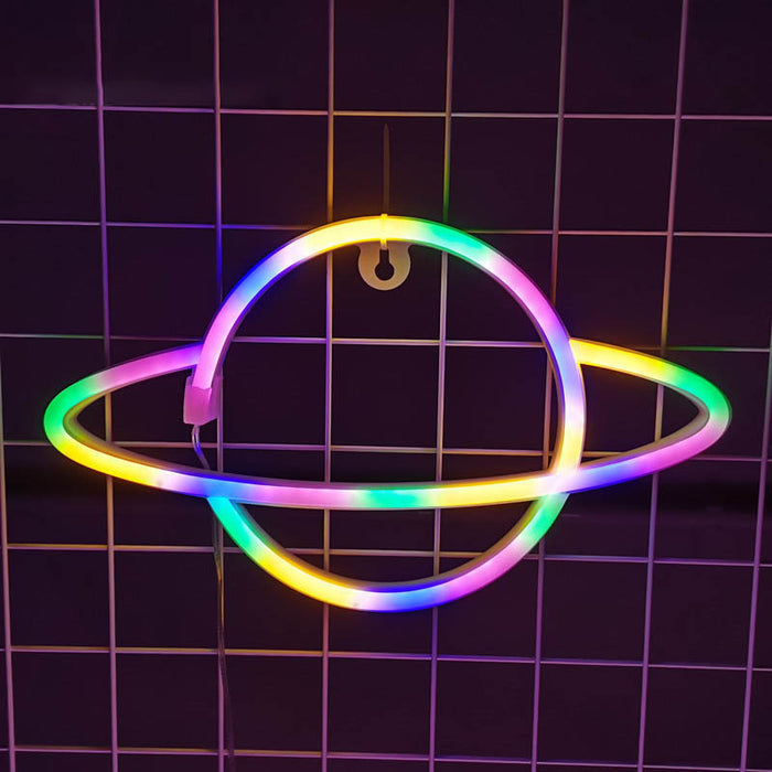 Planet Neon Sign: Celestial Wall Decor: pink, blue neon-style wall light, minimal futuristic neon style