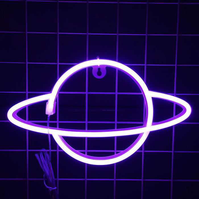 Planet Neon Sign: Celestial Wall Decor: pink, blue neon-style wall light, minimal futuristic neon style