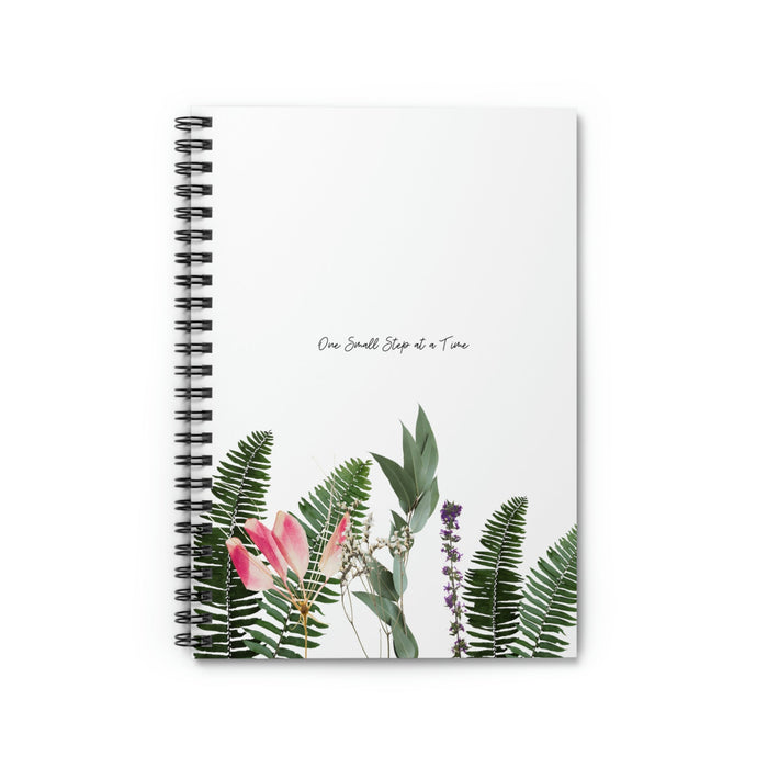 Plant Journey Spiral Notebook: white, black botanical foliage and flowers, minimal botanical illustration style