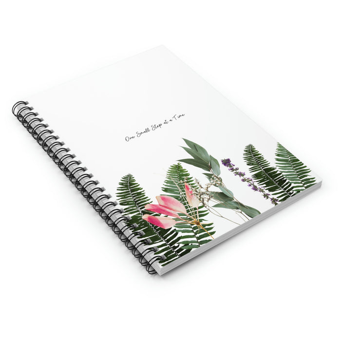 Plant Journey Spiral Notebook: white, black botanical foliage and flowers, minimal botanical illustration style