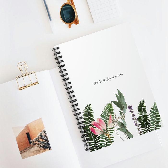 Plant Journey Spiral Notebook: white, black botanical foliage and flowers, minimal botanical illustration style
