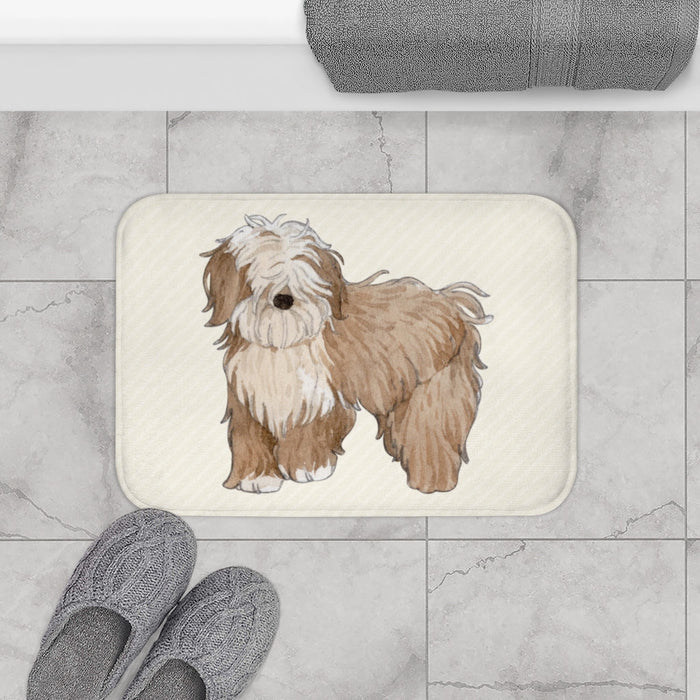 Pleasant Canine Bath Mat: cream, beige shaggy dog, cartoon watercolor illustration style