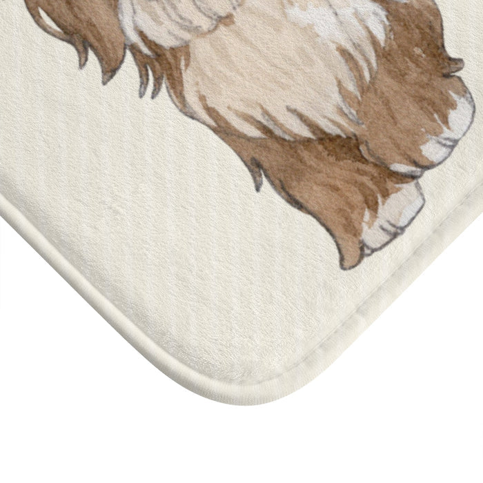 Pleasant Canine Bath Mat: cream, beige shaggy dog, cartoon watercolor illustration style