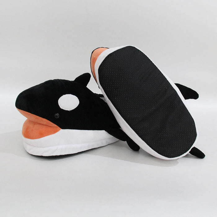 Plush Orca Slippers: Ultimate Comfort and Cuteness: black, white orca whale, cartoon style