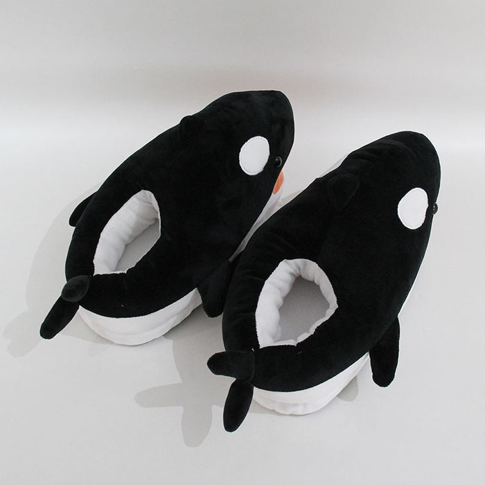 Plush Orca Slippers: Ultimate Comfort and Cuteness: black, white orca whale, cartoon style