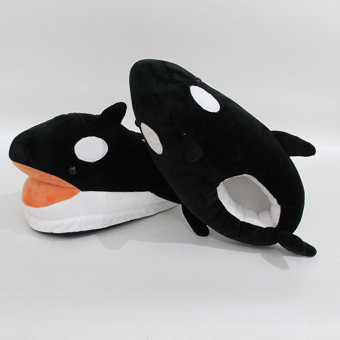 Plush Orca Slippers: Ultimate Comfort and Cuteness: black, white orca whale, cartoon style