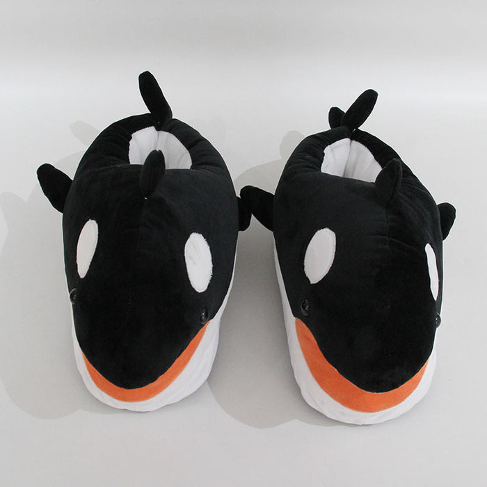 Plush Orca Slippers: Ultimate Comfort and Cuteness: black, white orca whale, cartoon style