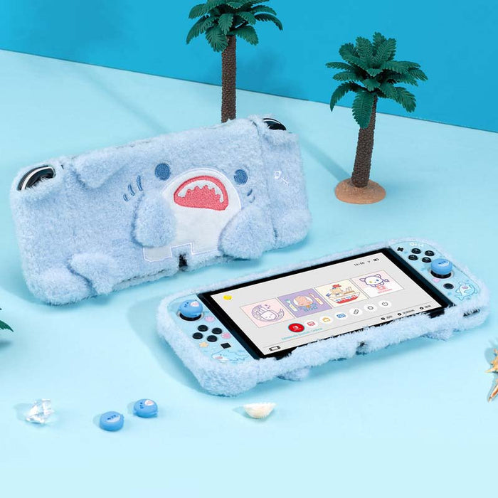 Plush Shark Switch OLED Case Cover: light blue, white cartoon shark, kawaii cartoon style