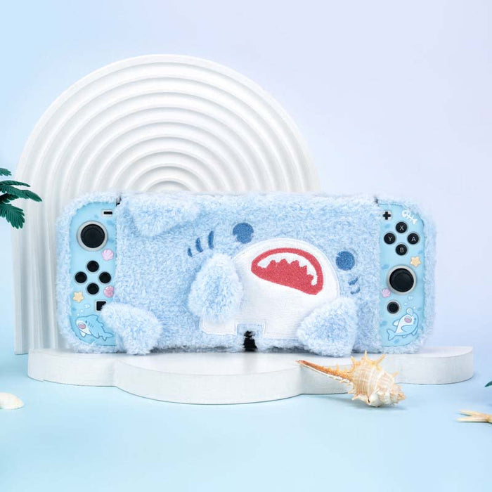 Plush Shark Switch OLED Case Cover: light blue, white cartoon shark, kawaii cartoon style