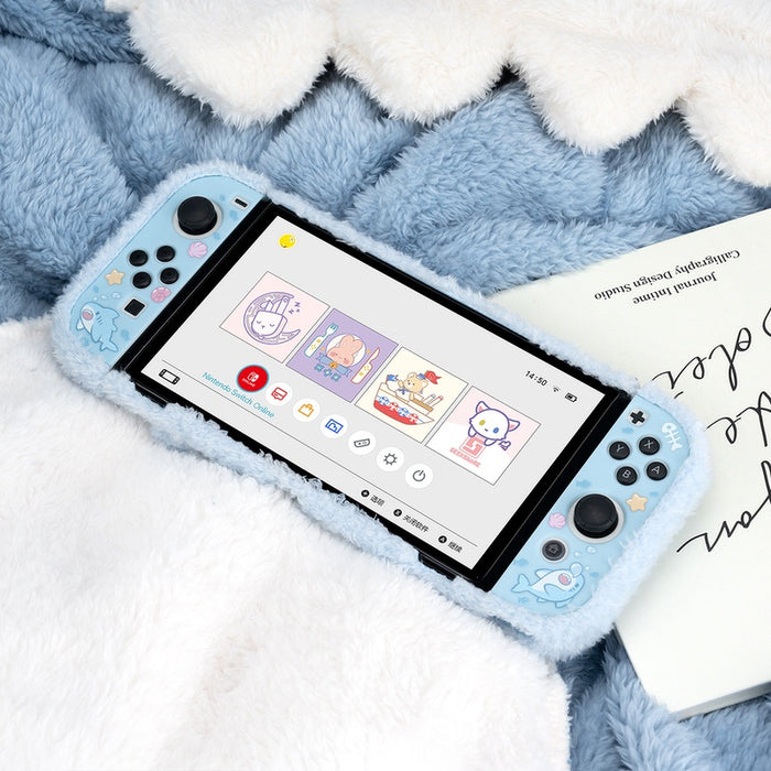 Plush Shark Switch OLED Case Cover: light blue, white cartoon shark, kawaii cartoon style